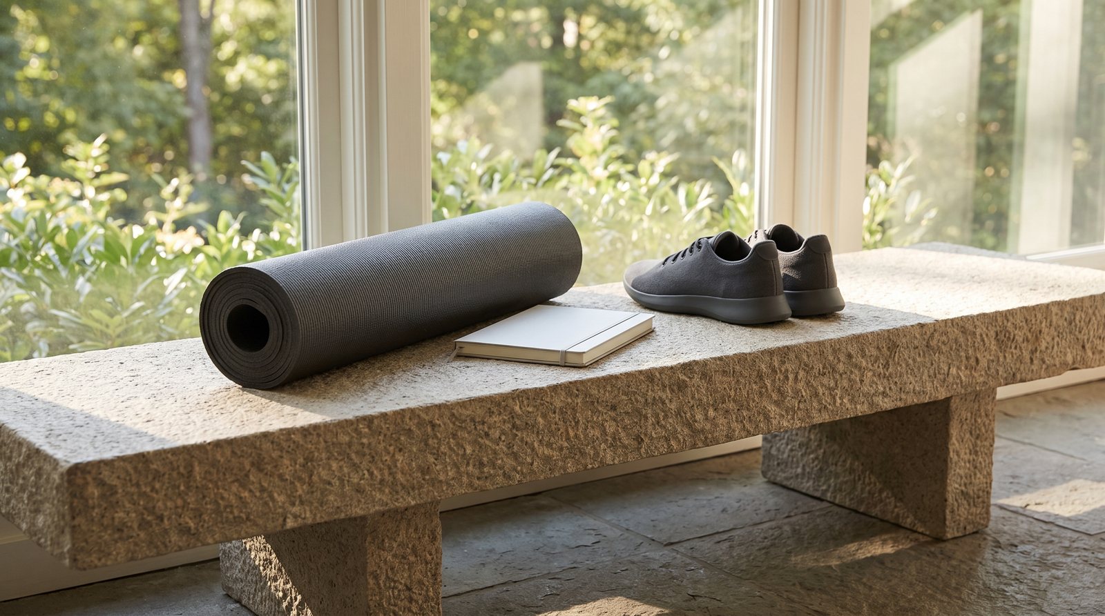 A blank appointment notebook, walking shoes and rolled mat.